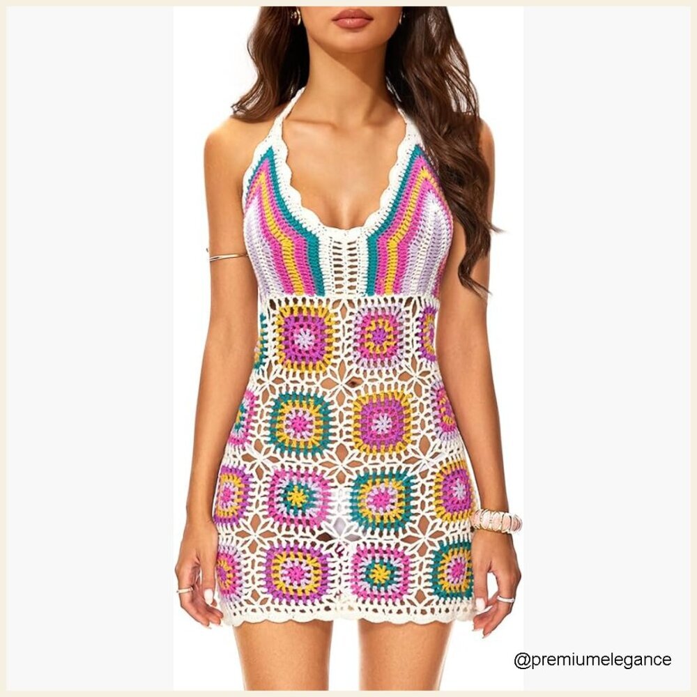Handcrafted Aztec Crochet Beach Cover Up Sleeveless Dress Large
